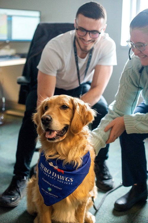 Two E-Comm call takers pet a golden retriever therapy dog wearing a blue bandana with white lettering that that says "HERO DAWGS".