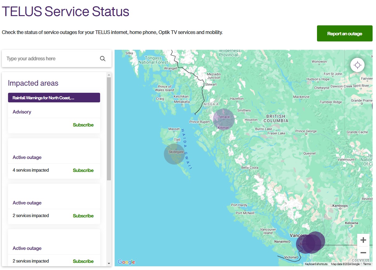 Example of TELUS Outage Map